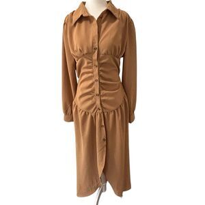 Womens Tan Long Sleeve Button Down Maxi Dress XL Office Siren Coquette Flirty